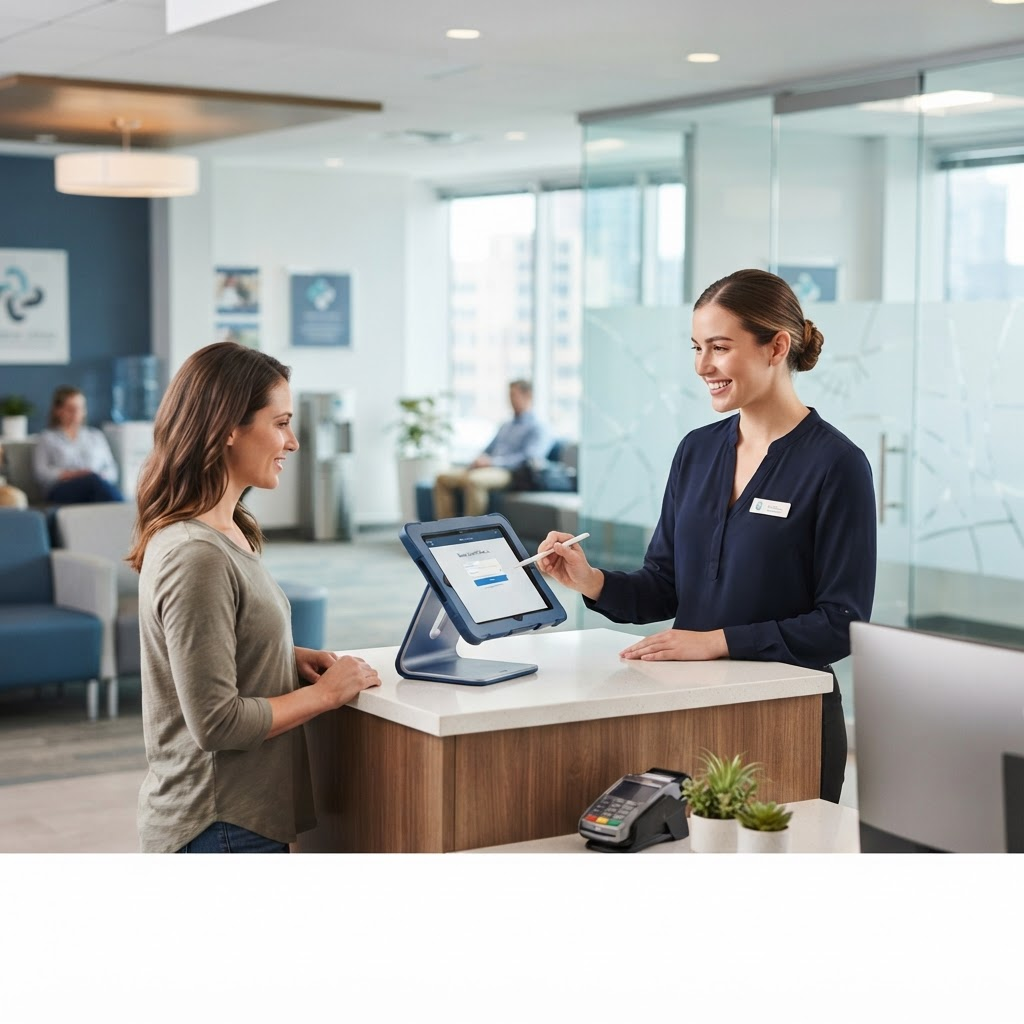 A receptionist using a tablet kiosk in a modern medical office